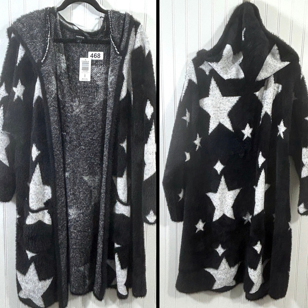 Torrid Hooded Black Sweater White Stars Open Cardigan Womens 4X Coatigan NWT - Picture 2 of 8